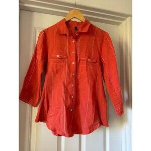 Inizio Coral Striped Button-Down Linen & Cotton Blend Shirt - Size Medium